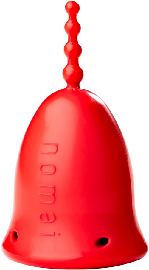 A red bell with the word "now" embossed on it, hanging with a beaded string at the top.