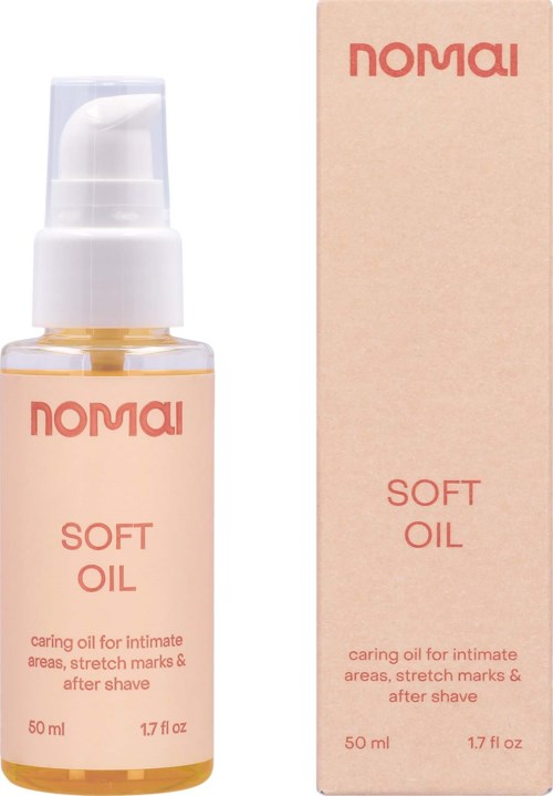 En liten flaske og eske med Nomai Soft Oil for hud og barbering.