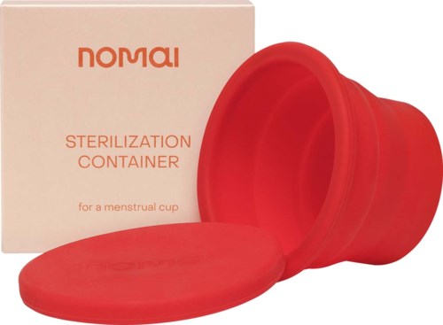 Röd steriliseringsbehållare med lock, box märkt 'Sterilization Container' för menskopp.