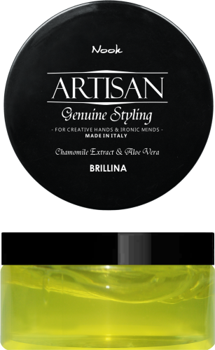 Ett runt svart förpackning med en gulgrön vätska inuti, märkt 'ARTISAN Genuine Styling' och 'Brillina' på framsidan.