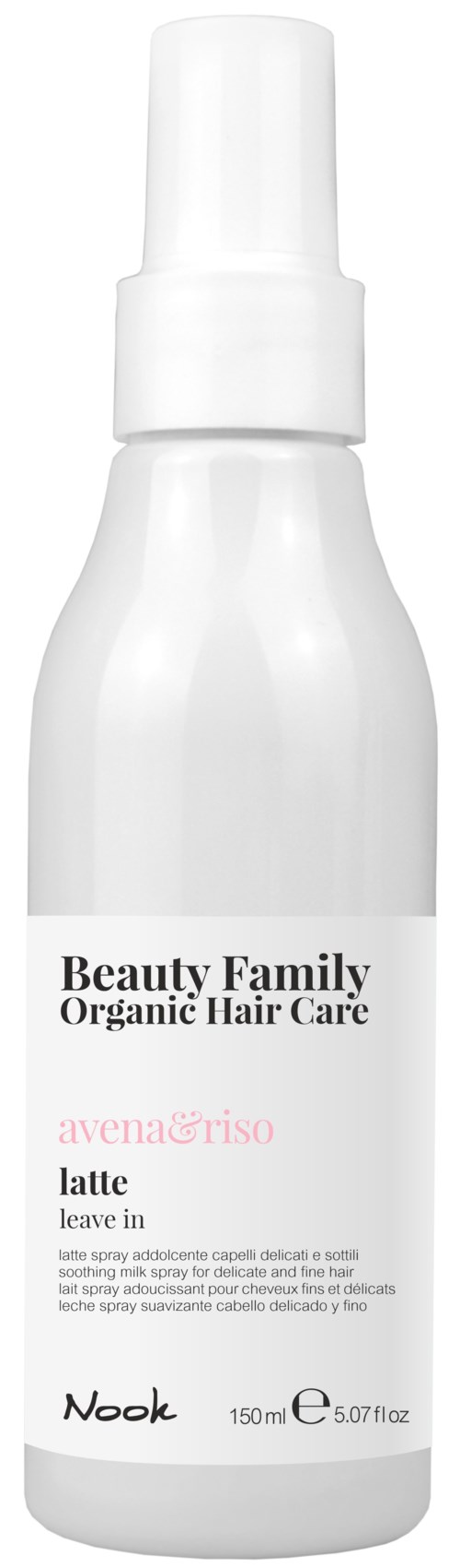 En vit sprayflaska märkt 'Beauty Family Organic Hair Care' med produktnamn 'avena & riso latte leave in,' 150ml.