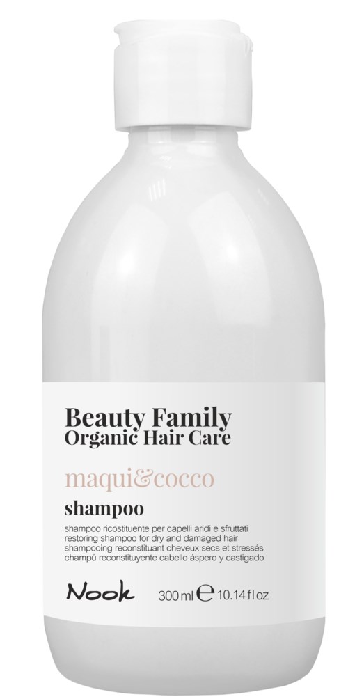 En vit flaska med en etikett som säger 'Beauty Family Organic Hair Care' och 'shampoo', innehållande 300 ml schampo.