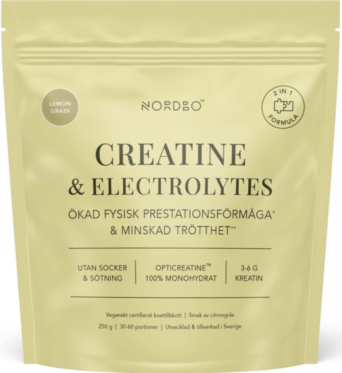 Verpackung von Nordbo Creatine & Electrolytes in einer hellgelben Tüte mit Produktangaben und Logo.