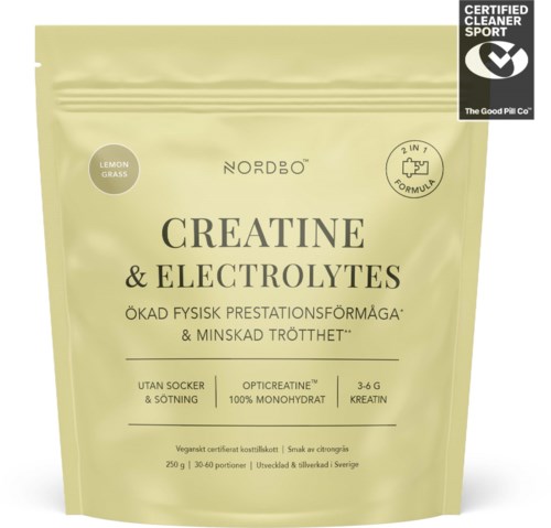 Hellgrüne Verpackung von Nordic Creatine & Electrolytes mit Zitronengrasduft, 250g und 30-60 Portionen.