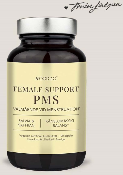 A supplement bottle with a beige label, black cap, and text about PMS support, made in Sweden.
