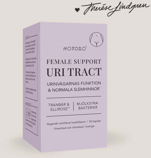 En ljuslila förpackning med texten 'Female Support Uri Tract' och en enkel hundbild, på svenska.