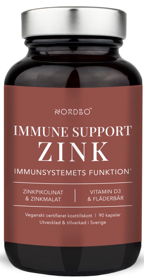 Pullo nimeltä 'Nordbo Immun Support Zinc' sisältää sinkkipikolinaatia, sinkkiä, D3-vitamiinia ja mustikkaa.