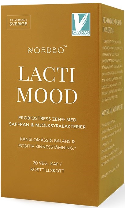 Pudełko kapsułek probiotycznych Lacti Mood, pomarańczowo-żółty kolor, tekst po szwedzku, wspiera równowagę emocjonalną.