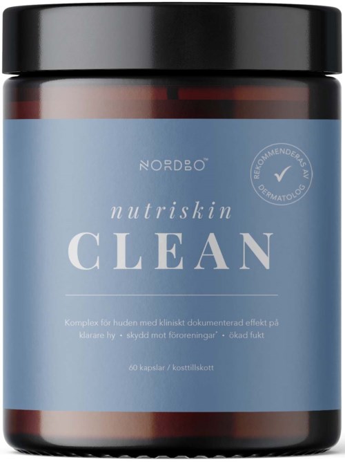 Ruskea purkki mustalla kannella, jossa lukee 'Nordbo Nutriskin CLean' ja tietoa ihonhoidosta ja kapseleista.