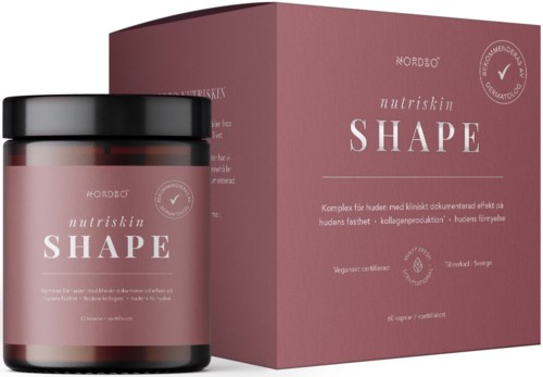 En burk och låda med Nutriskin Shape hudtillskott i rosa förpackning med text och symboler. Boxen är stor, burken är mindre.