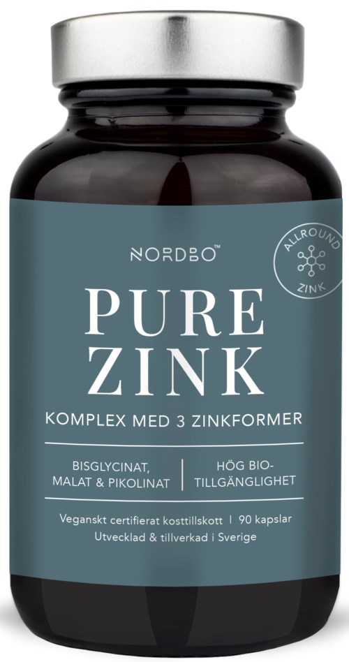 Eine dunkle Flasche mit blauer Beschriftung. Text sagt "Pure Zinc" und erwähnt gesundheitliche Vorteile und vegetarische Inhaltsstoffe.