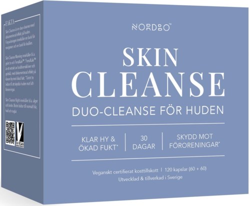 Blue box labeled Nordbo Skin Cleanse with product details and icons for 30 days usage and protection against pollution.