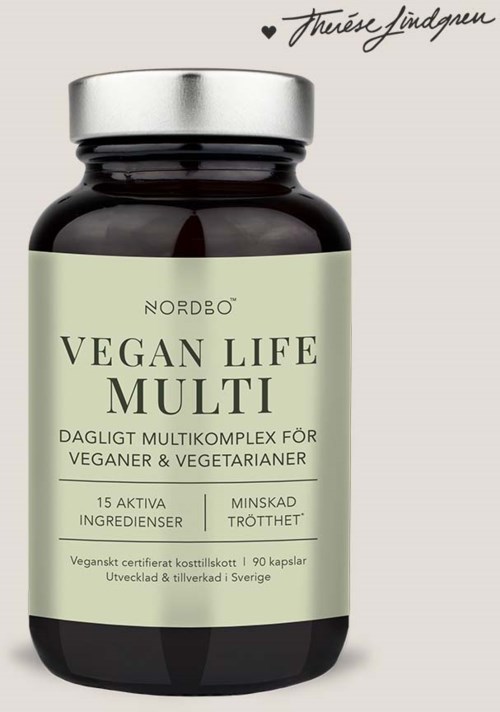Vegansk kosttilskuddflaske med 15 ingredienser, rettet mot veganere og vegetarianere, reduserer tretthet.