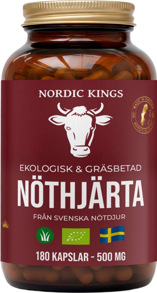 En brun pillerflaska med rödaktig etikett som visar Nordic Kings och svenska flaggor, innehållande 180 kapslar av örtpreparat.