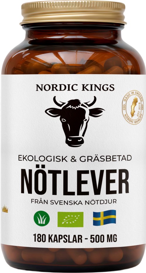Ett glas Nordic Kings ekologiska hästtandtillskott med 180 kapslar, 500 mg vardera, märkt med en skandinavisk flagga.