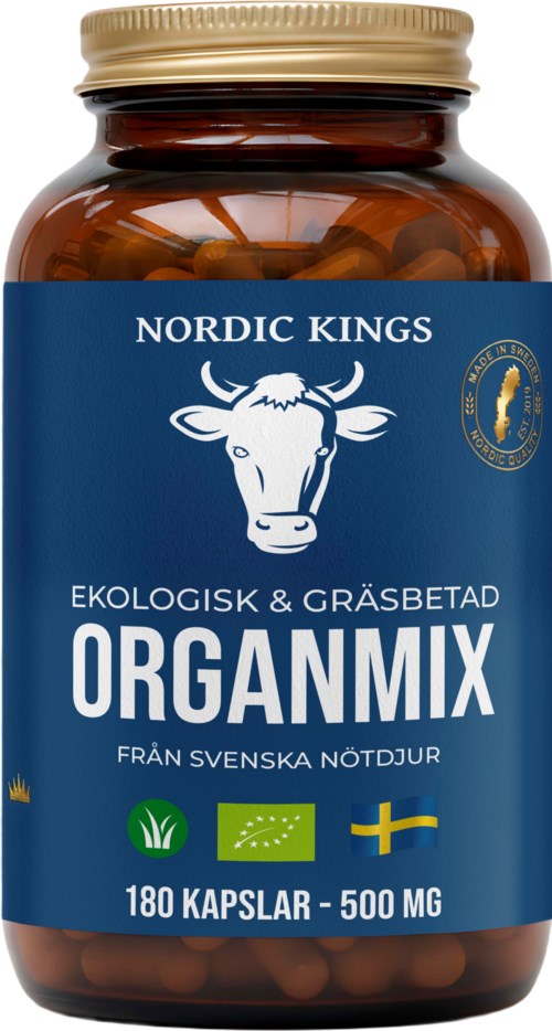 Brunt kosttillskottflaskor med blå etikett med Nordic Kings logo, ekologiska symboler och svensk flagga.