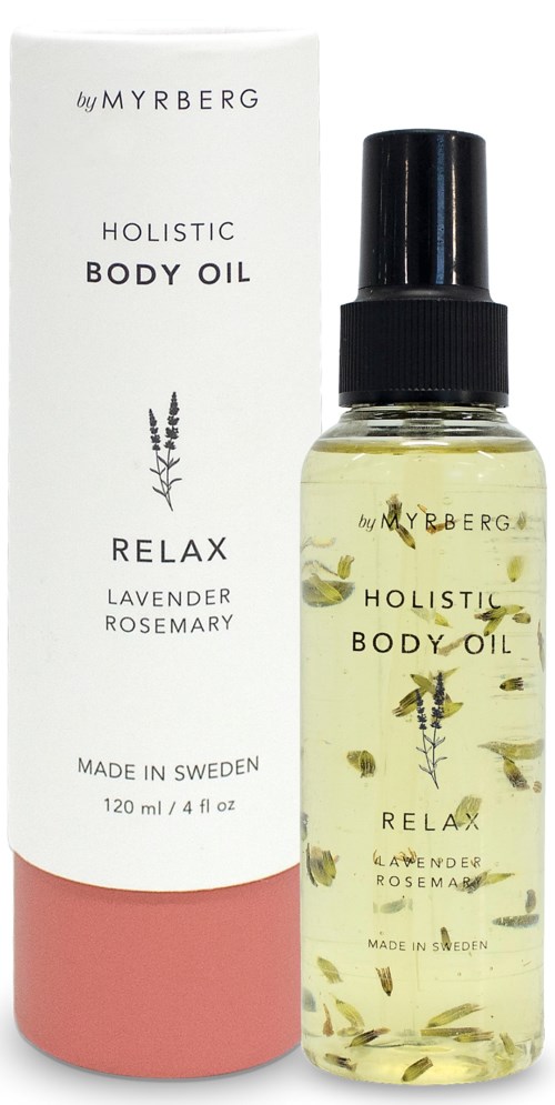 Käsikäyttöinen laventeli- ja rosmariini-kropporasiaspray, valkoinen rasia. Etiketissä lukee "Relax" ja "Made in Sweden."
