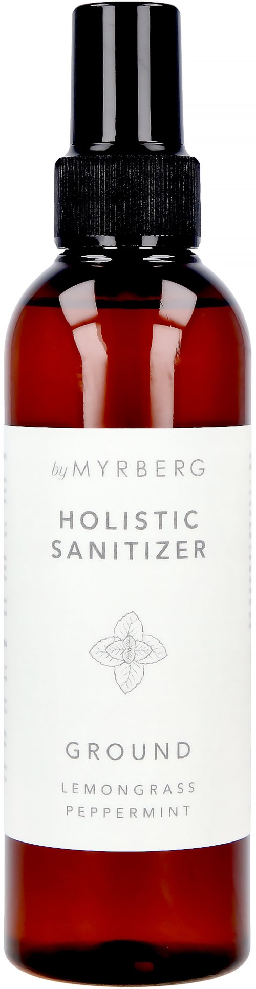Kleine bruine sprayfles met label 'Holistic Sanitizer' met citroengras en pepermunt.