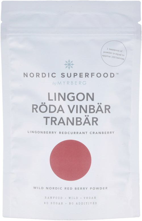 Hvit forseglet pose med Nordic Superfood-logo, illustrasjon av røde bær og tekst om tranbærpulver, vegansk og uten sukker.