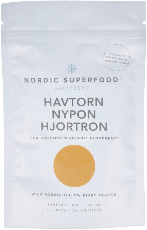 Biała torba z marką Nordic superfood, zawiera żółty proszek jagodowy, wegański, bez cukru i dodatków.