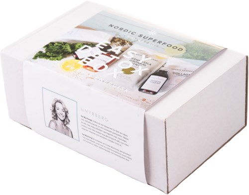 En hvit boksom viser nordiske superfood-produkter, et bilde av en kvinne og tekstetiketter på toppen.