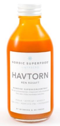 Oranje fles met wit label waarop 'Havtorn' en 'Nordic Superfood' staat geschreven.