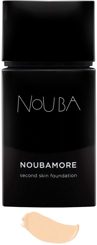 En svart flaska märkt 'NOUBA' med orden 'NOUBAMORE' och 'second skin foundation.'