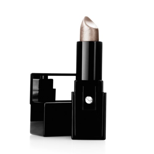 A black lipstick case with a shiny metallic lipstick, standing upright on a white background.