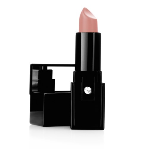 This is a pink lipstick in a black case, with the cap open. It is standing upright.