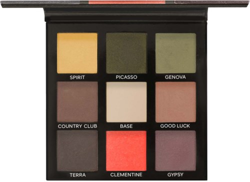 En sminke-palett med ni farger, kalt Spirit, Picasso, Genova, Country Club, Base, Good Luck, Terra, Clementine, Gypsy.