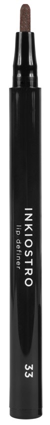 En svart läppenna med brunt spets och vit text som säger 'INK LUSTRO' och '33'.