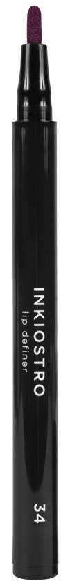 En svart läppennica med en rosa spets och vit text på en mörk bakgrund.