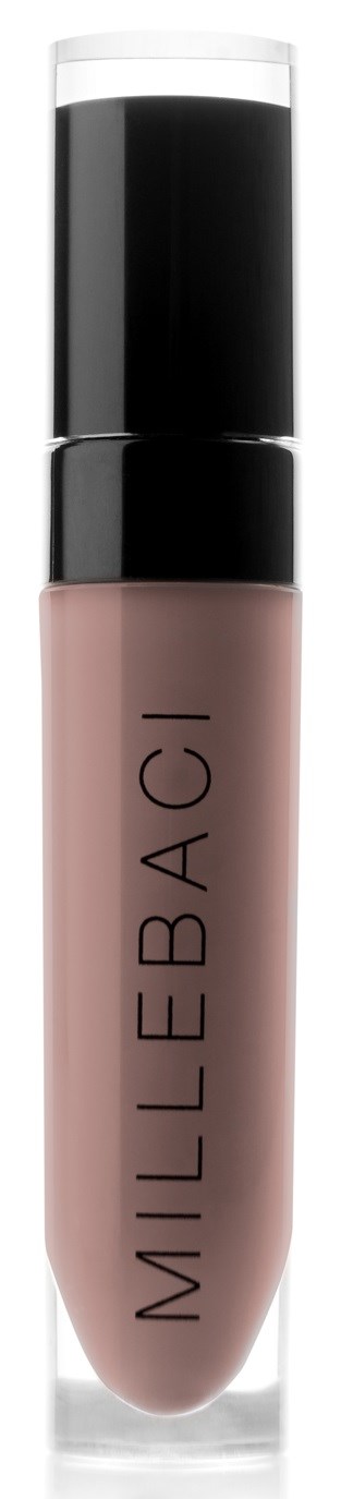 Leppeglans i rosa i en klar beholder med svart lokk, merket "MILLEBACl".