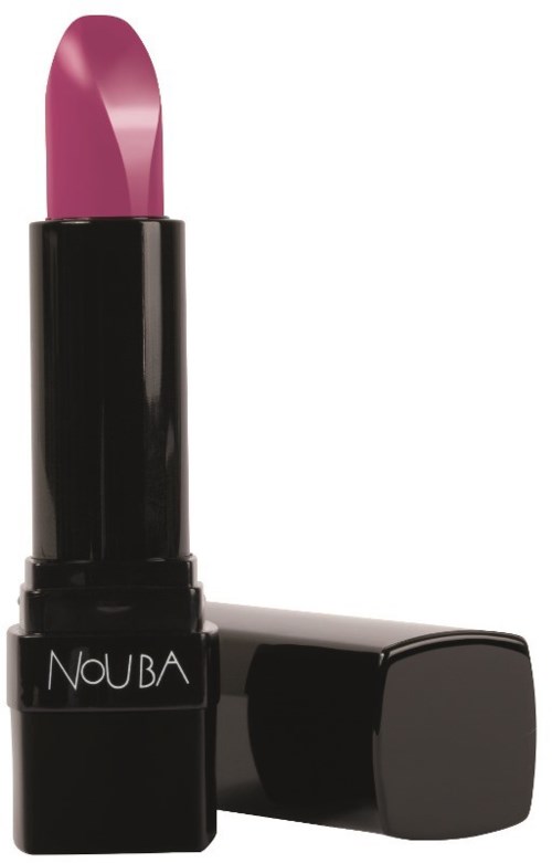 En svart läppstiftstubb med rosa läppstift inuti, märkt "Nouba" på tuben.