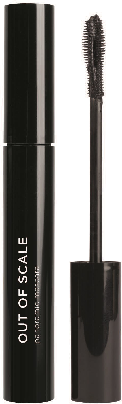 En svart mascara-förpackning med en öppen borste bredvid, märkt "OUT OF SCALE."