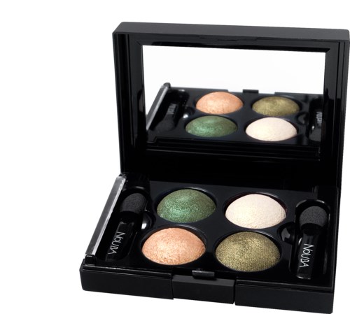 Makeup palette with four eyeshadow colors and two small brushes inside a black case.