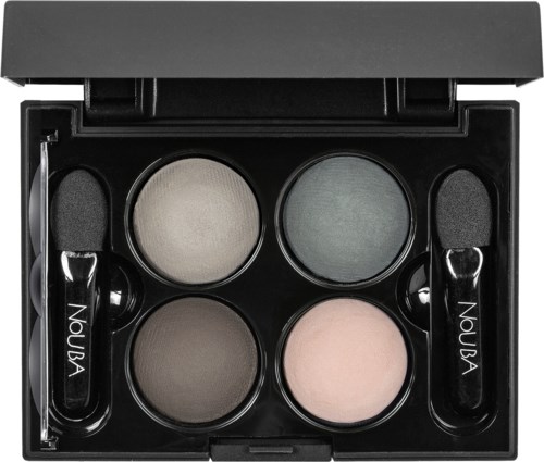 A makeup palette with four gray and beige shades, two applicators, and a black case.