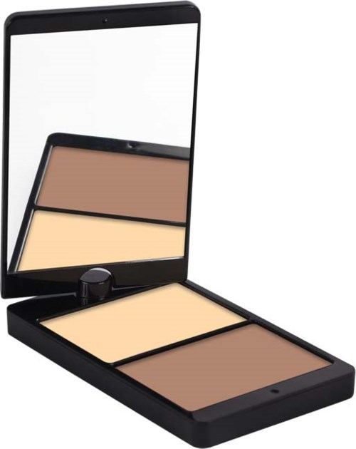 En kompakt makeuppalett med spegel, som innehåller tre nyanser: ljus, medium och mörk. Den är öppen och redo att användas.