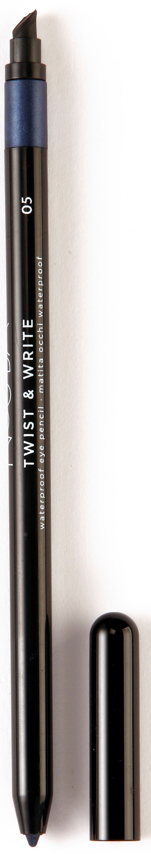 A black pen with a blue grip, labeled 'TWIST & WRITE', with a cap placed beside it.