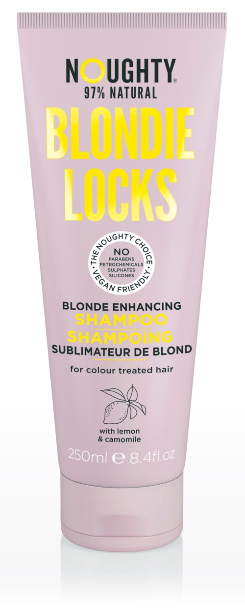 Pink shampoo tube labeled 'Blonde Locks' for colored hair, with lemon and chamomile, 250ml size.