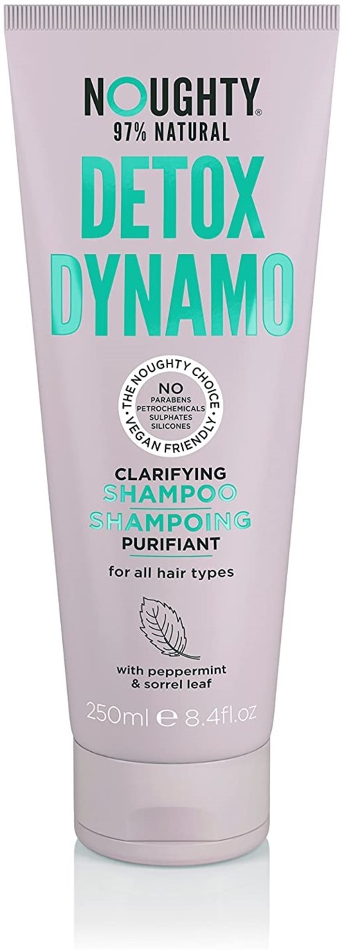En rosa flaske med detox-shampo med peppermint og sorrelblad, for alle hårtyper, 250 ml.