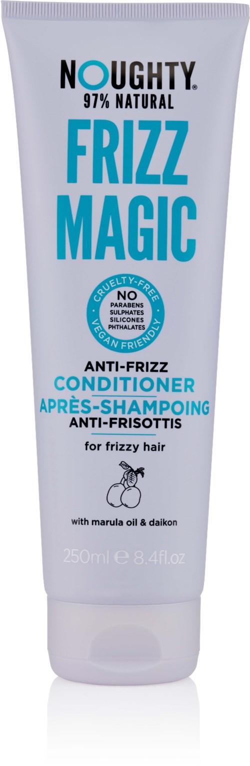 En hvit tube med anti-frizz-balsam med blå og svart tekst, inneholder marula og daikonolje, for krøllete hår.