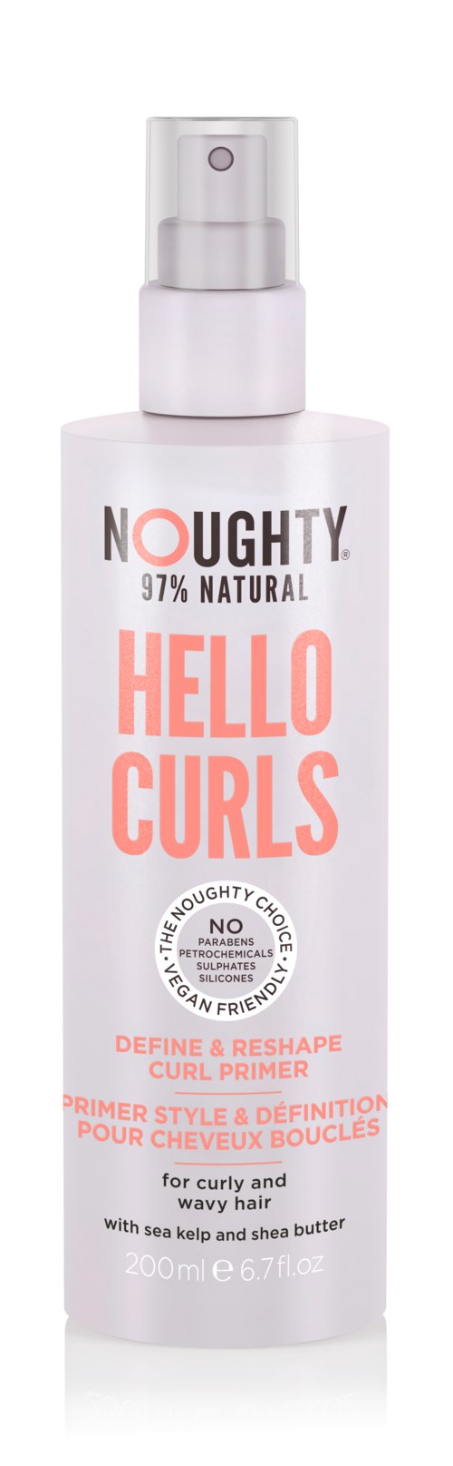 En hvit sprayflaske merket 'Hello Curls' for krøllete og bølgete hår, med pumpe og ulike produktdetaljer.