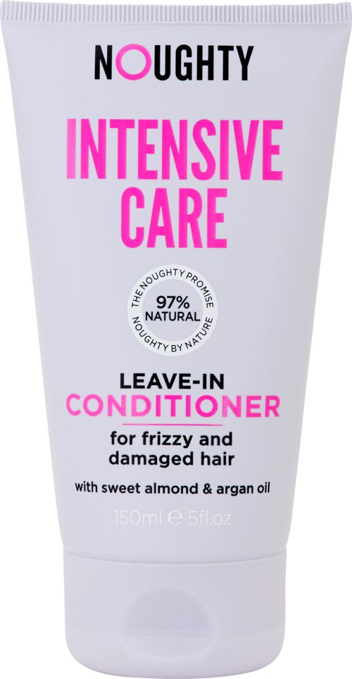 En vit tub med texten 'Naughty Intensive Care Leave-In Conditioner' för lockigt, skadat hår med mandel och arganolja.