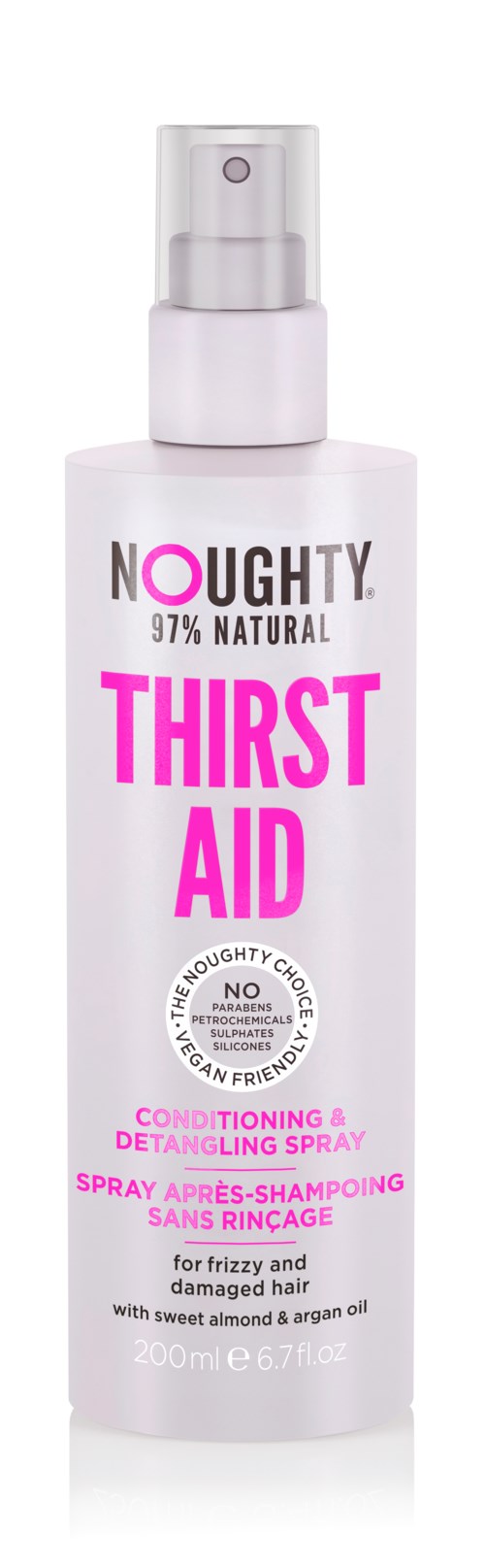 En hvit flaske med sprayhette merket 'Naughty Thirst Aid' for pleie og utredning av hår.