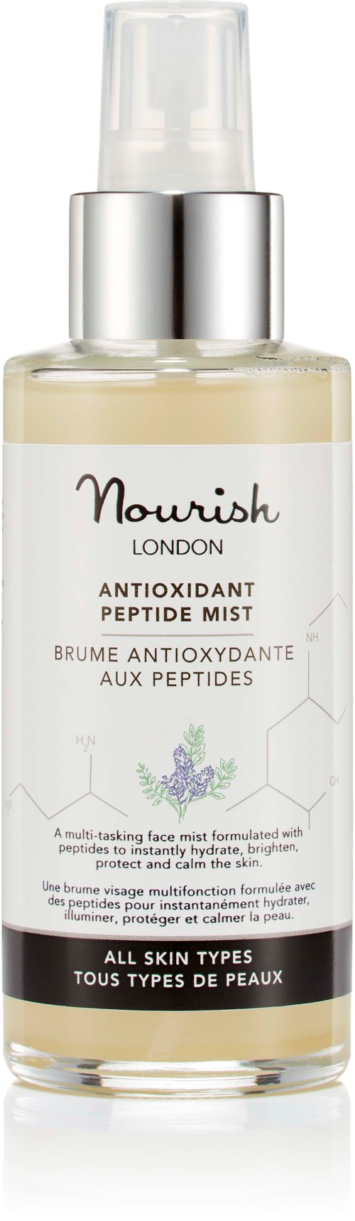 En klar sprayflaska med Nourish London antioxidant peptidmist för alla hudtyper.