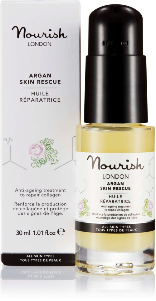 Mała butelka Nourish London Argon Skin Rescue z białym pudełkiem w tle. Butelka jest przezroczysta z czarnym korkiem.