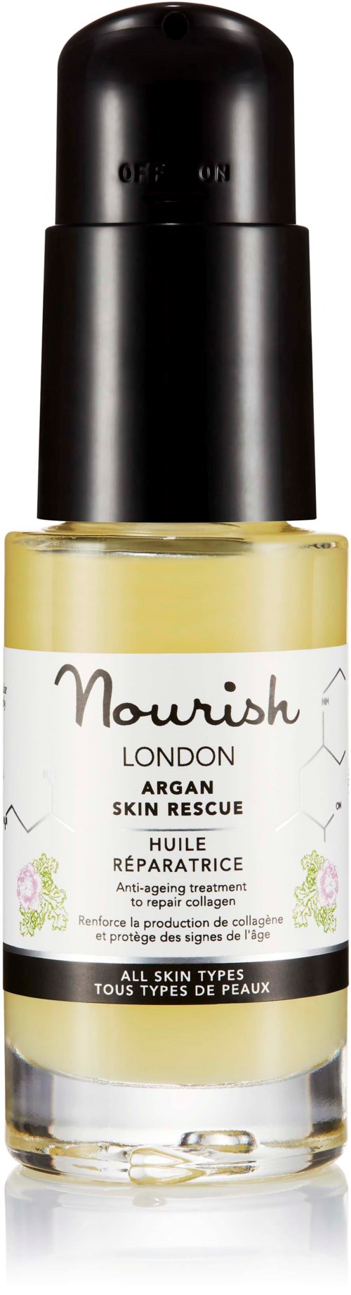 Mała butelka Nourish London Argan Skin Rescue olej dla wszystkich typów skóry.