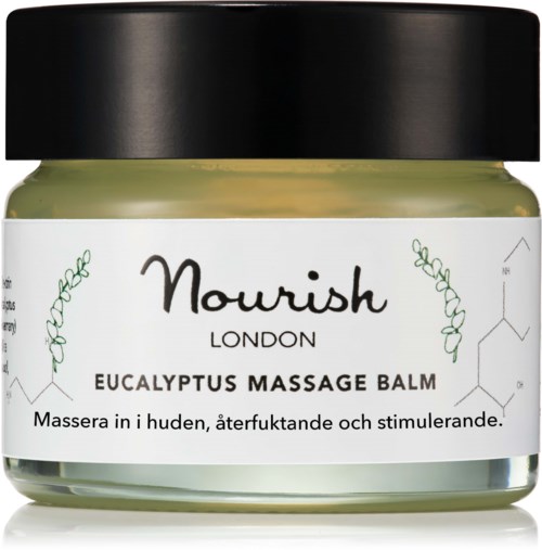 Słoik z balsamem do masażu eukaliptusowym od Nourish London, z czarną przykrywką i białą etykietą, używany do masażu skóry.