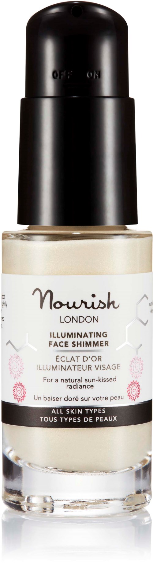 En lille flaske med sort låg, mærket Nourish London oplysende ansigtsglans til alle hudtyper.